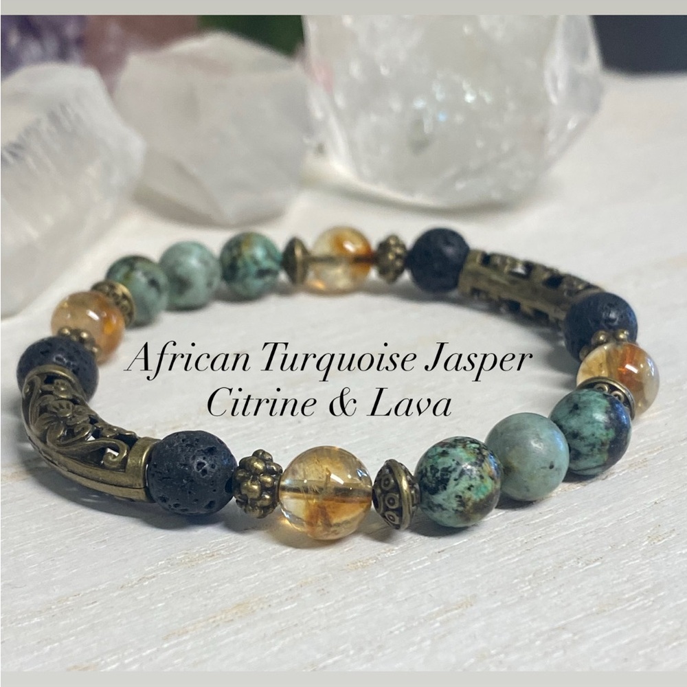 African Turquoise Jasper Citrine & Lava Gemstone Stretch Bracelet